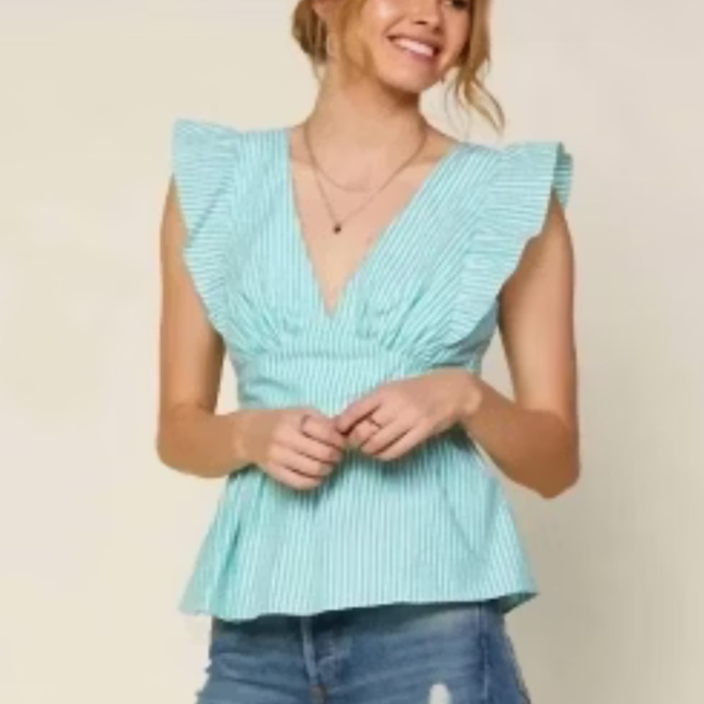 Skies are Blue green and white cotton poplin ruffle tie sleeveless blouse XL
